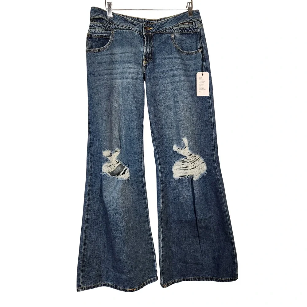 Forever 21 Jeans Women Size 27 Baggy‎ Flare Wide Leg Ripped Distressed Y2K Denim